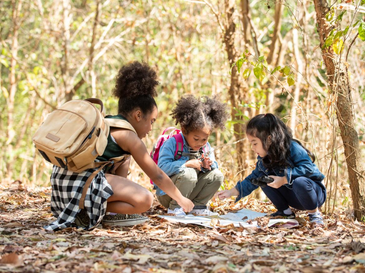 enfants qui observent une carte au sol et la nature